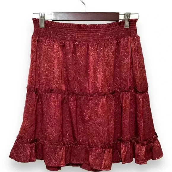 NWT Blu Pepper Gold Sparkled Burgundy Knee Length Tiered Flowy Size Lg Skirt - Picture 2 of 15